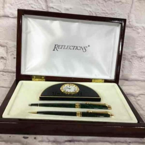 Reflections Black & Golden 2 Writing Pens and Desk Clock Set with Case - Picture 4 of 9